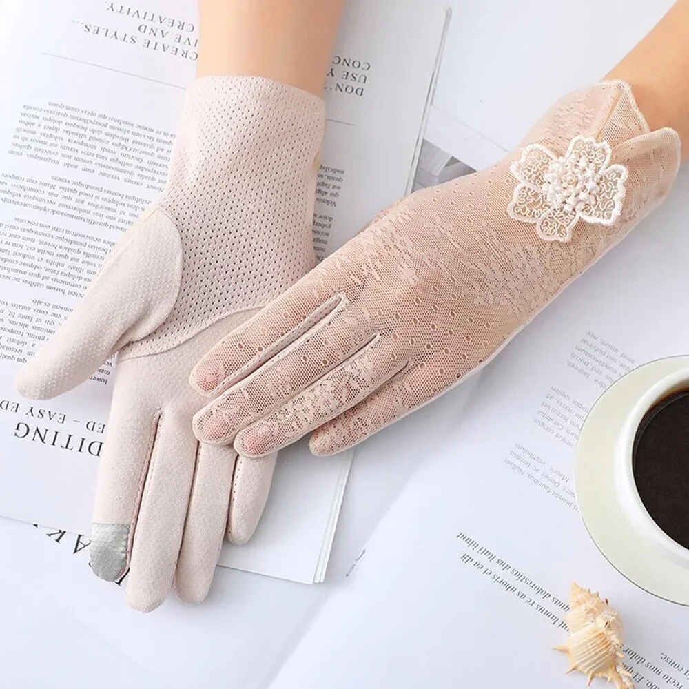 Women's Flower Beige Lace Gloves Summer Protection Wedding Parties Tea Prom
